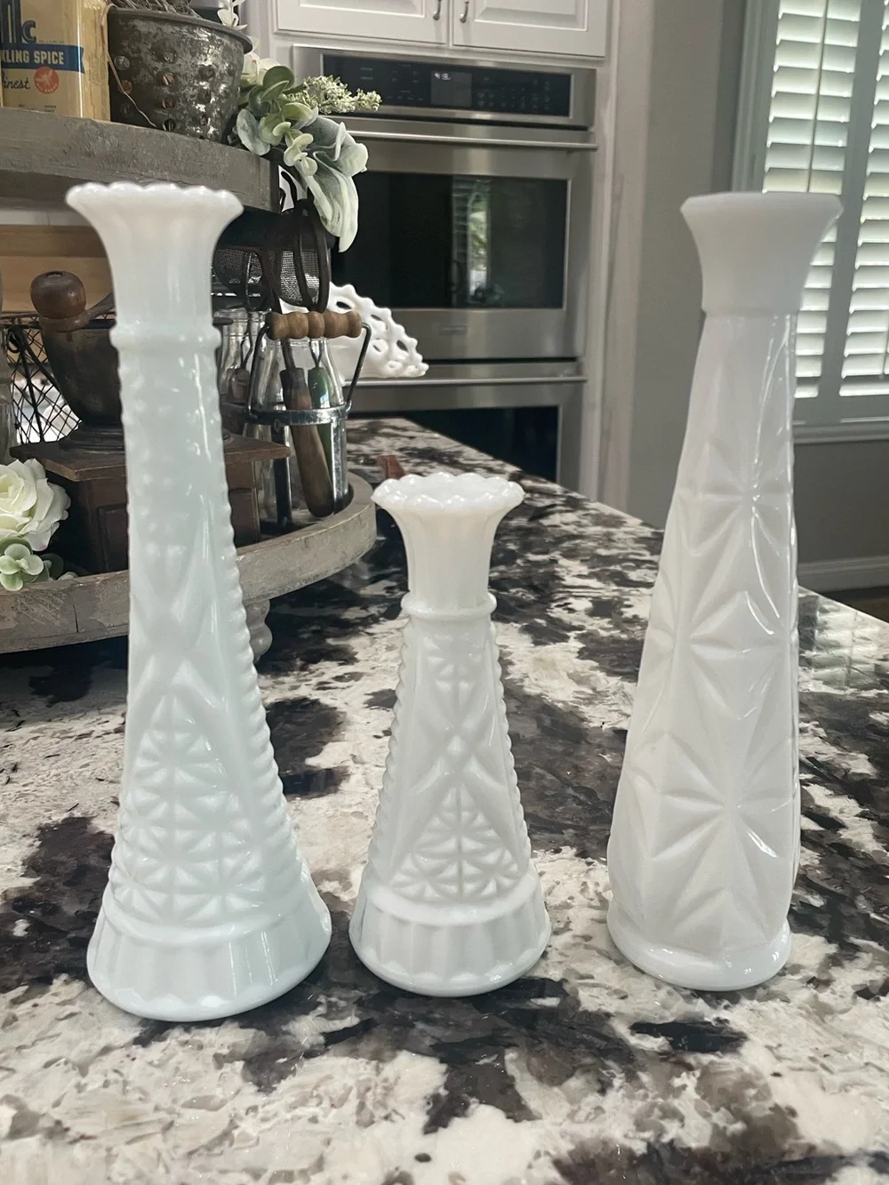 White Milk Glass Geometric Bud Vases Assorted Shape Size Set of 3 - Vintage